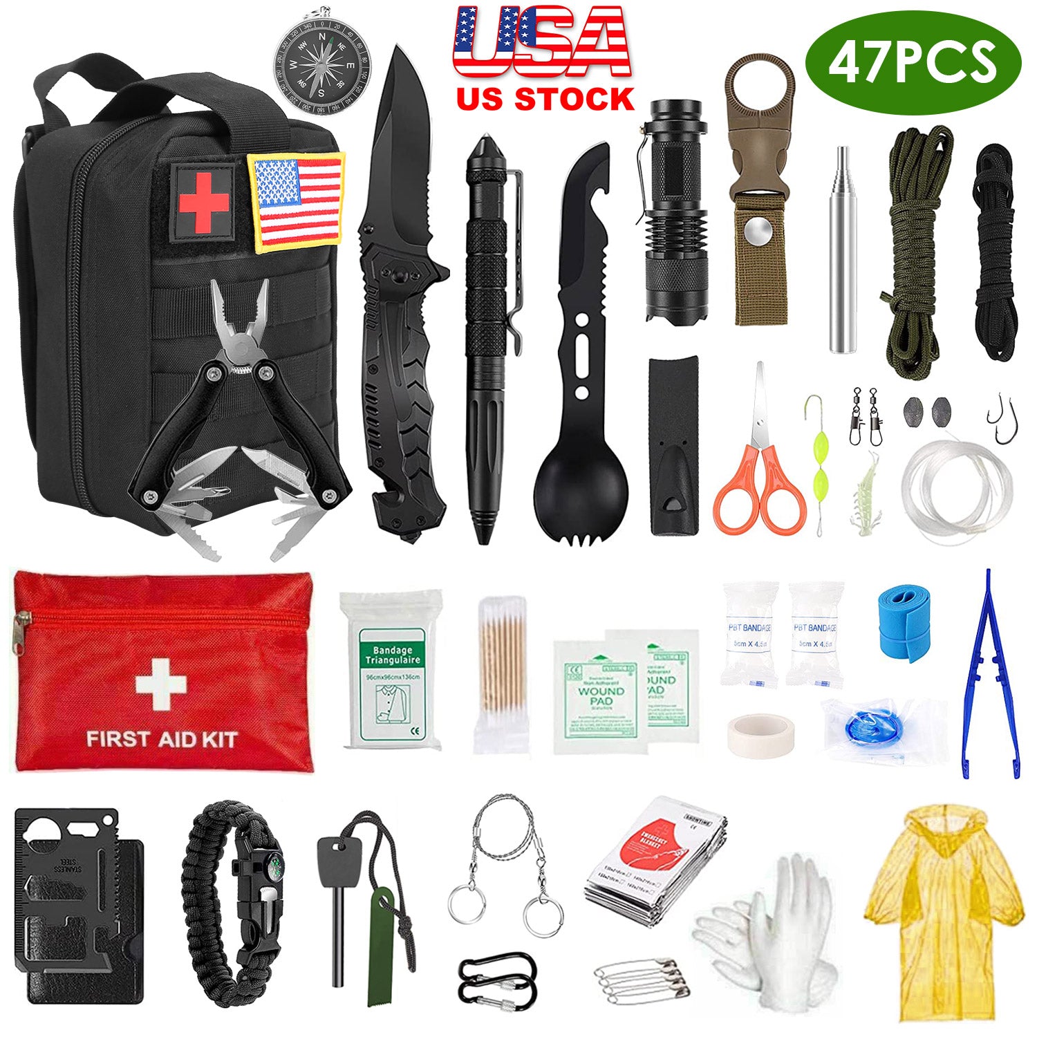 47Pcs Emergency Survival Kit Survival EDC Gear Equipment Tool First Aid Supplies Kit Tools with Pouch for Hiking Hunting Disaster Camping Adventure